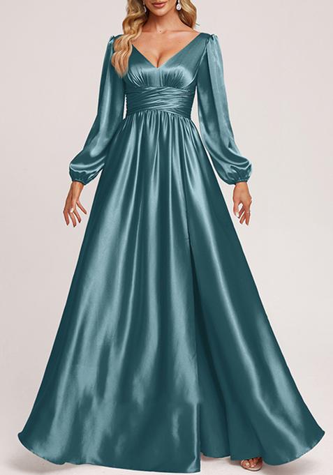 French Blue A-line V-Neck Stretch Satin Gown