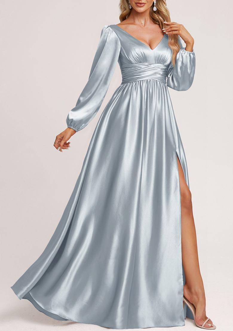 Ice Blue A-line V-Neck Stretch Satin Gown