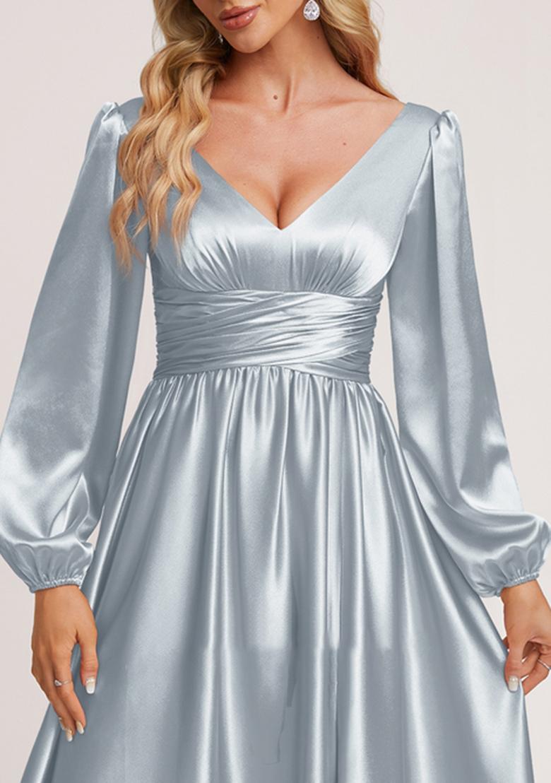Ice Blue A-line V-Neck Stretch Satin Gown
