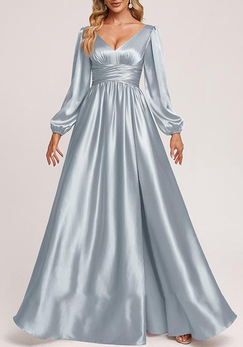 Ice Blue A-line V-Neck Stretch Satin Gown