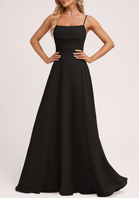 Black A-line Cold Shoulder Square Ruffled Chiffon Gown