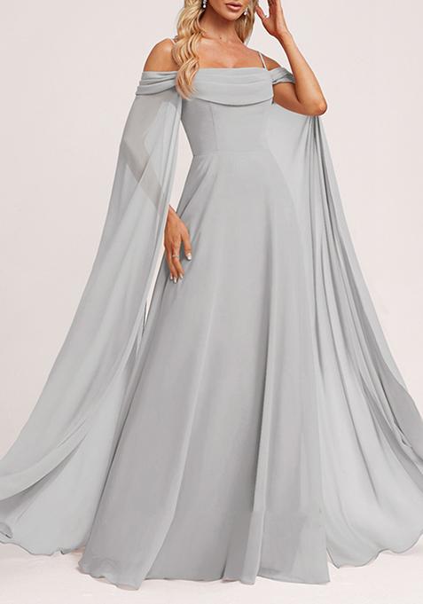 Silver A-line Cold Shoulder Square Ruffled Chiffon Gown