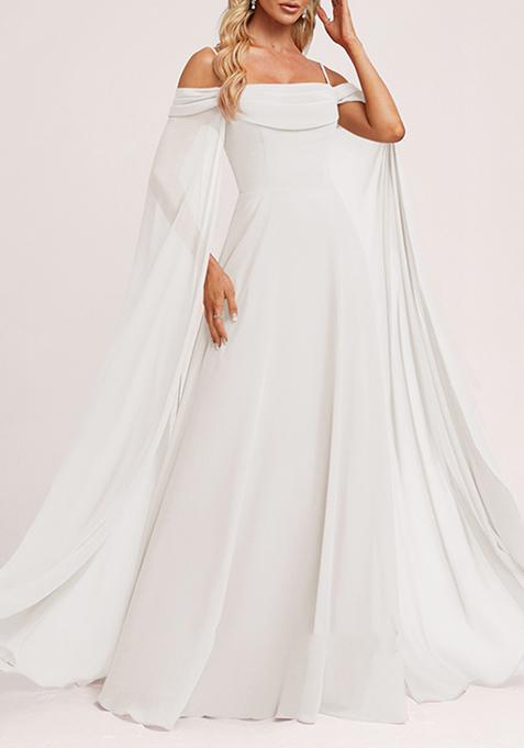 Ivory A-line Cold Shoulder Square Ruffled Chiffon Gown