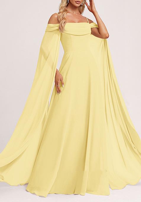 Yellow A-line Cold Shoulder Square Ruffled Chiffon Gown