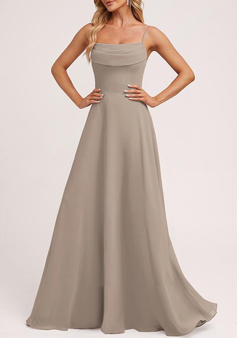 Grey A-line Cold Shoulder Square Ruffled Chiffon Gown