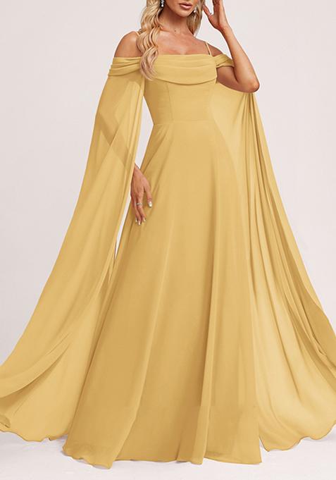 Golden A-line Cold Shoulder Square Ruffled Chiffon Gown