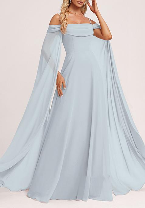 Ice Blue A-line Cold Shoulder Square Ruffled Chiffon Gown