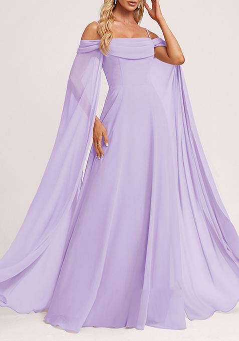 Lilac A-line Cold Shoulder Square Ruffled Chiffon Gown