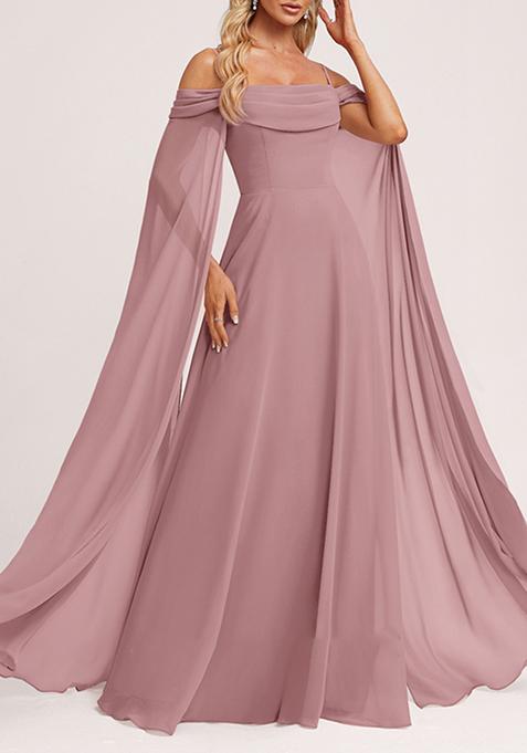 Vintage Mauve A-line Cold Shoulder Square Ruffled Chiffon Gown