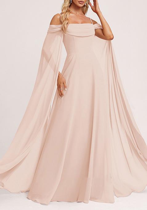 Blush Pink Pink A-line Cold Shoulder Square Ruffled Chiffon Gown