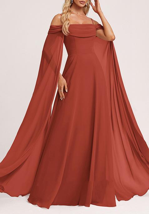 Dusty Red A-line Cold Shoulder Square Ruffled Chiffon Gown