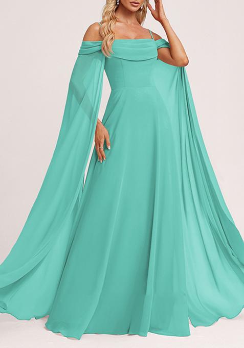 Aqua Blue A-line Cold Shoulder Square Ruffled Chiffon Gown