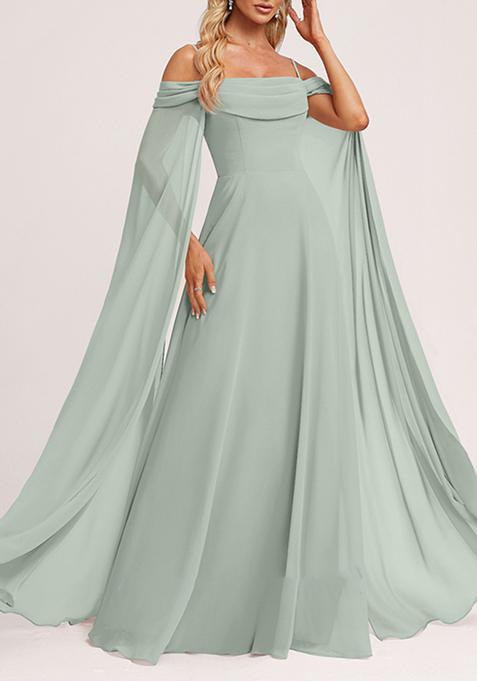 Green A-line Cold Shoulder Square Ruffled Chiffon Gown