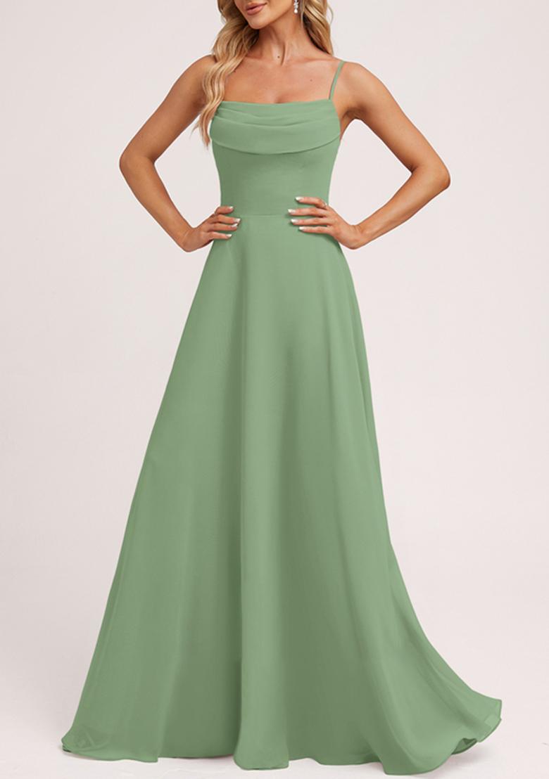 Green A-line Cold Shoulder Square Ruffled Chiffon Gown