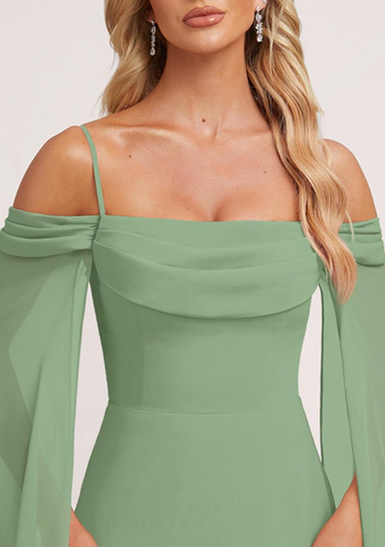 Green A-line Cold Shoulder Square Ruffled Chiffon Gown