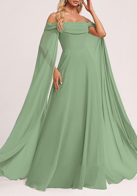 Green A-line Cold Shoulder Square Ruffled Chiffon Gown