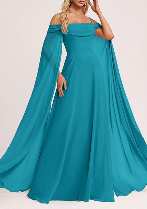 Jade Blue A-line Cold Shoulder Square Ruffled Chiffon Gown