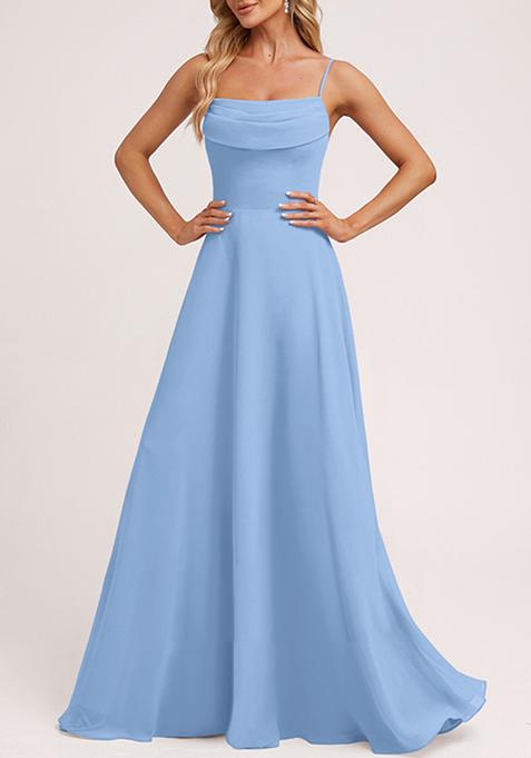 Light Blue A-line Cold Shoulder Square Ruffled Chiffon Gown