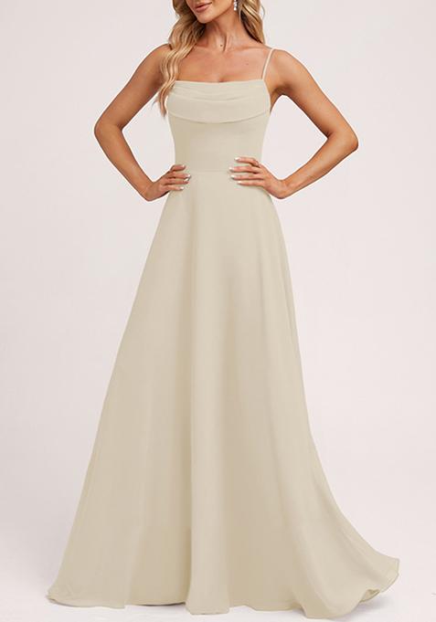 Grey A-line Cold Shoulder Square Ruffled Chiffon Gown