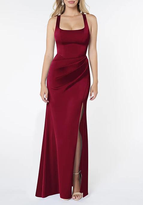 Burgundy Sheath Pleated Stretch Satin Gown