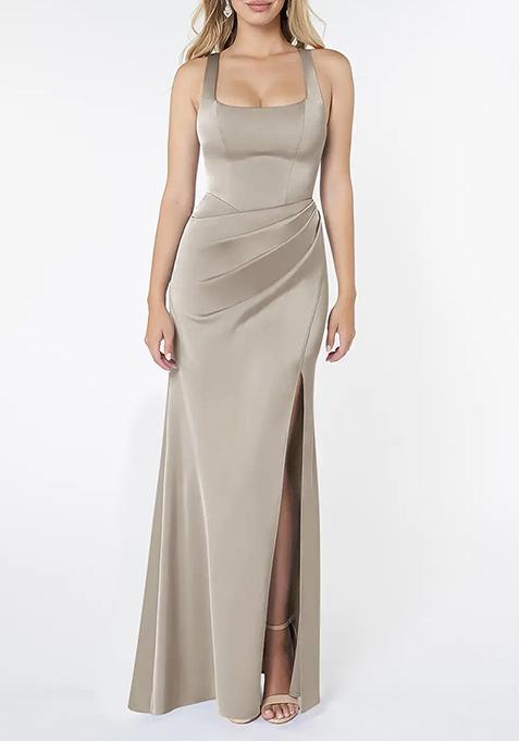 Silver Sheath Pleated Stretch Satin Gown