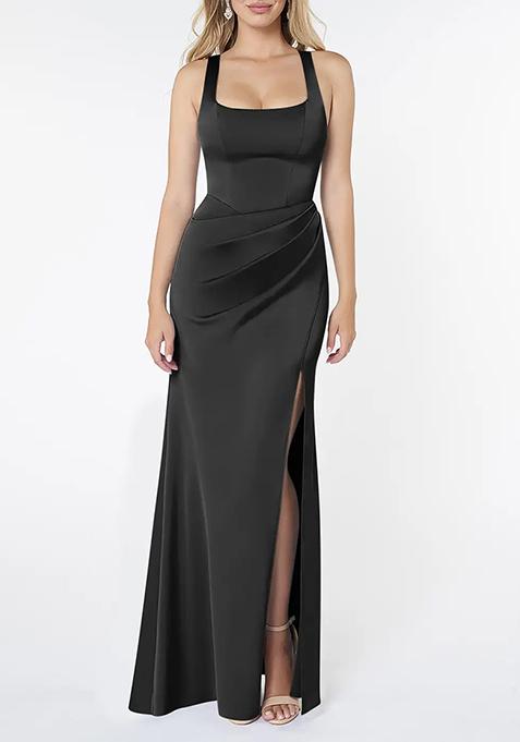 Black Sheath Pleated Stretch Satin Gown