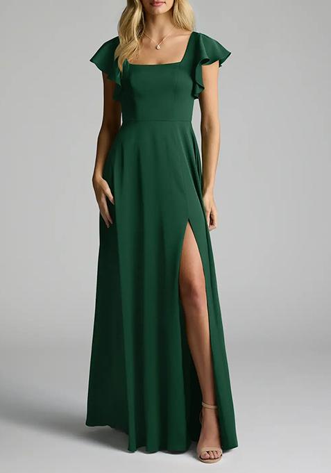 Dark Green A-Line Bow Stretch Satin Gown