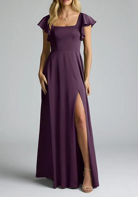 Purple A-Line Bow Stretch Satin Gown