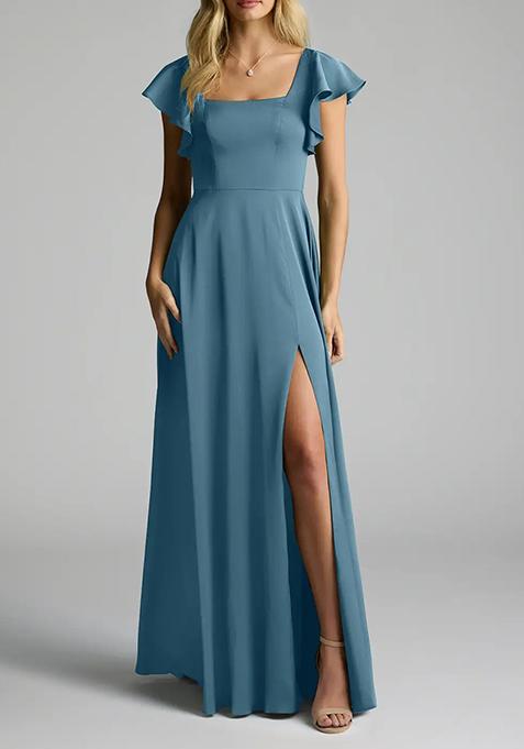 Blue A-Line Bow Stretch Satin Gown