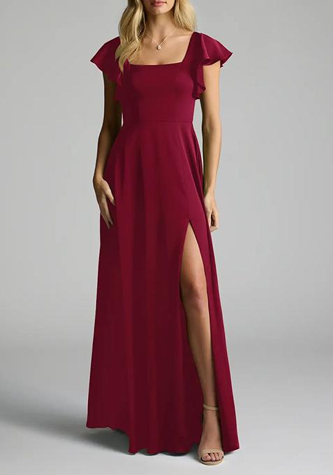 Burgundy A-Line Bow Stretch Satin Gown