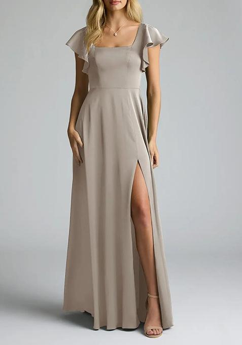 Silver A-Line Bow Stretch Satin Gown