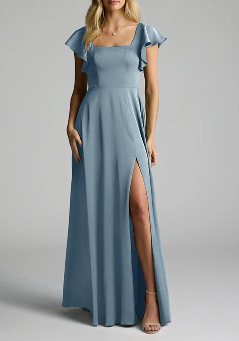 Dusty Blue A-Line Bow Stretch Satin Gown