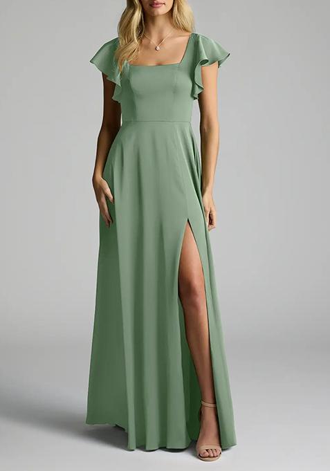 Light Green A-Line Bow Stretch Satin Gown