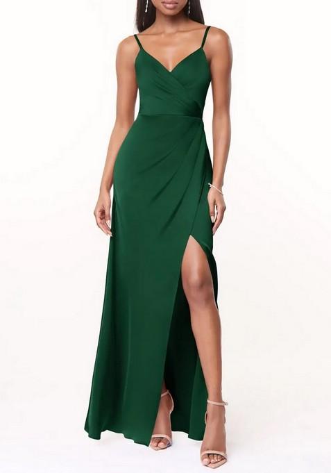 Dark Green Flowy V-Neck Pleated Stretch Satin Gown
