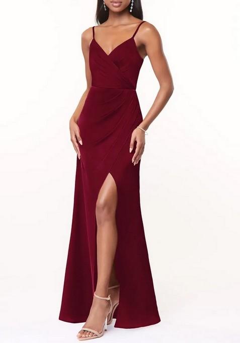 Burgundy Flowy V-Neck Pleated Stretch Satin Gown