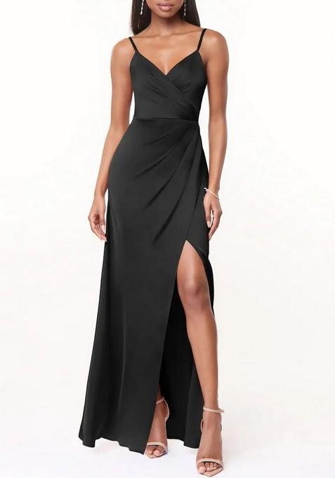 Black Flowy V-Neck Pleated Stretch Satin Gown