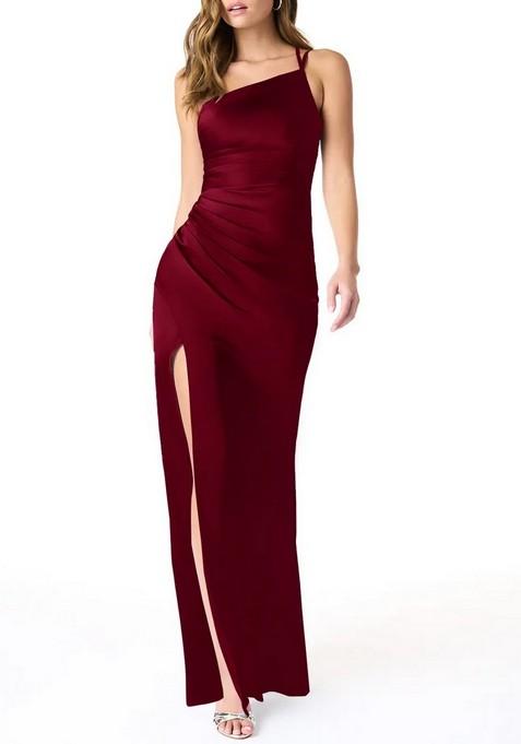 Burgundy Fitted One Shoulder Stretch Satin Gown