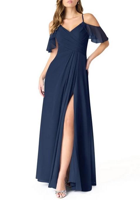 Dark Navy A-Line V-Neck Pleated Chiffon Gown