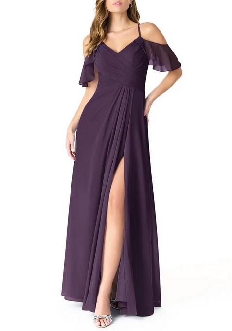 Purple A-Line V-Neck Pleated Chiffon Gown