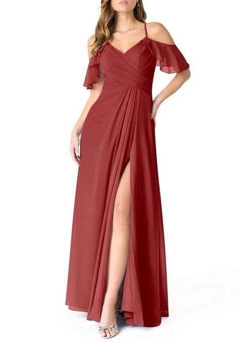 Rust A-Line V-Neck Pleated Chiffon Gown