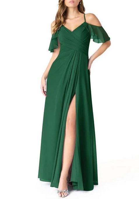 Dark Green A-Line V-Neck Pleated Chiffon Gown