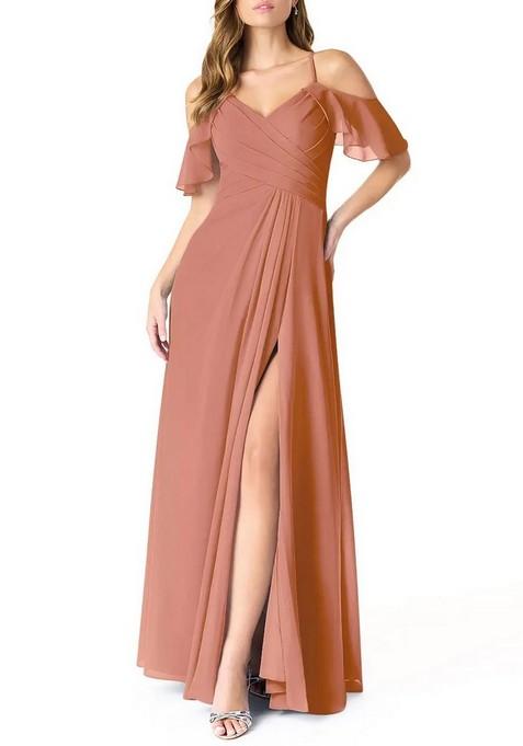 Light Brown A-Line V-Neck Pleated Chiffon Gown