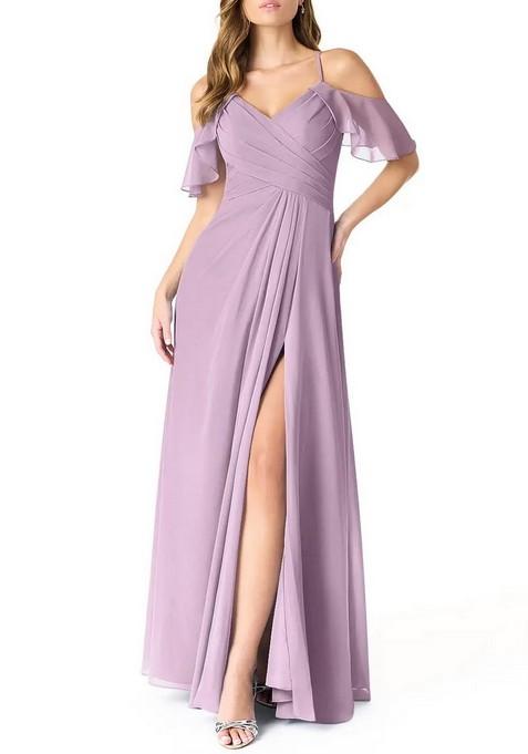 Lavender A-Line V-Neck Pleated Chiffon Gown