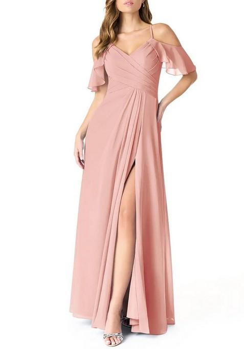 Light Pink A-Line V-Neck Pleated Chiffon Gown