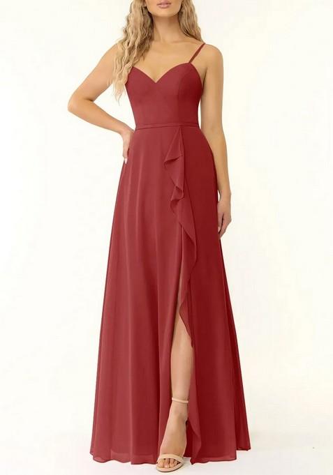 Rust Flowy V-Neck Ruffle Chiffon Gown