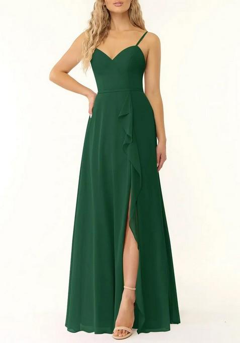 Dark Green Flowy V-Neck Ruffle Chiffon Gown