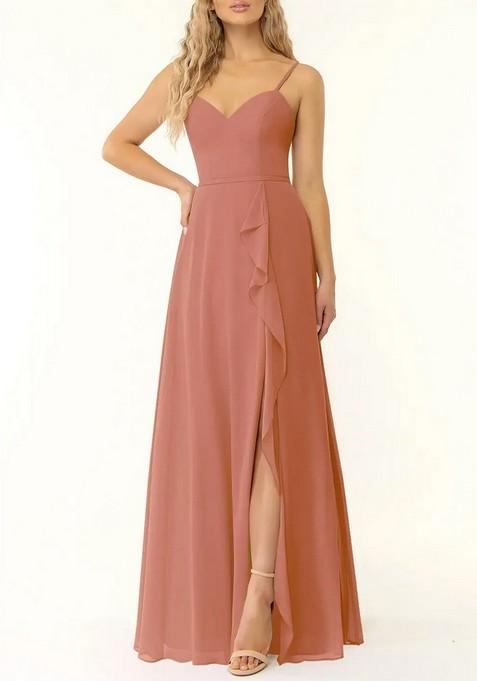 Light Brown Flowy V-Neck Ruffle Chiffon Gown