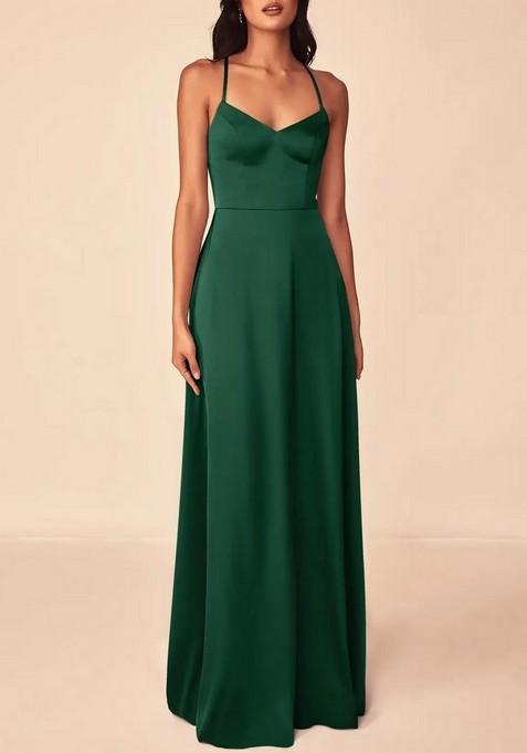 Dark Green Flowy V-Neck Stretch Satin Gown