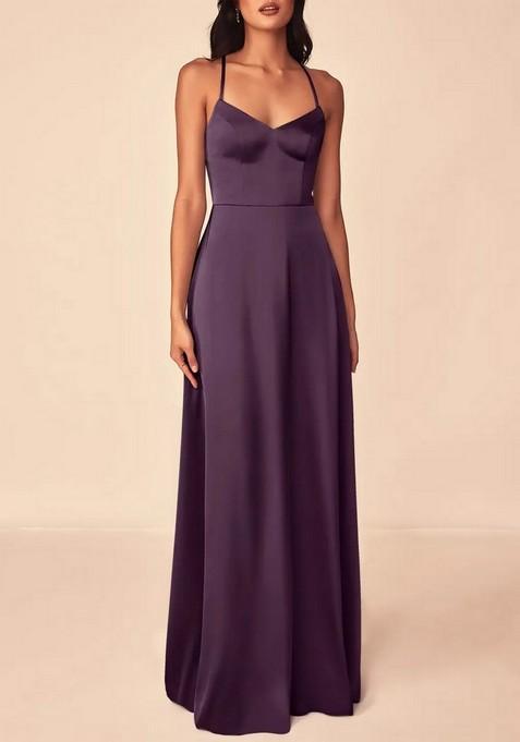 Purple Flowy V-Neck Stretch Satin Gown