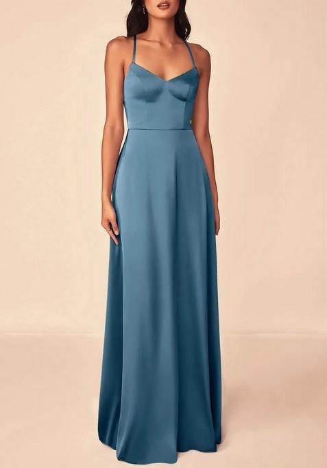 Blue Flowy V-Neck Stretch Satin Gown